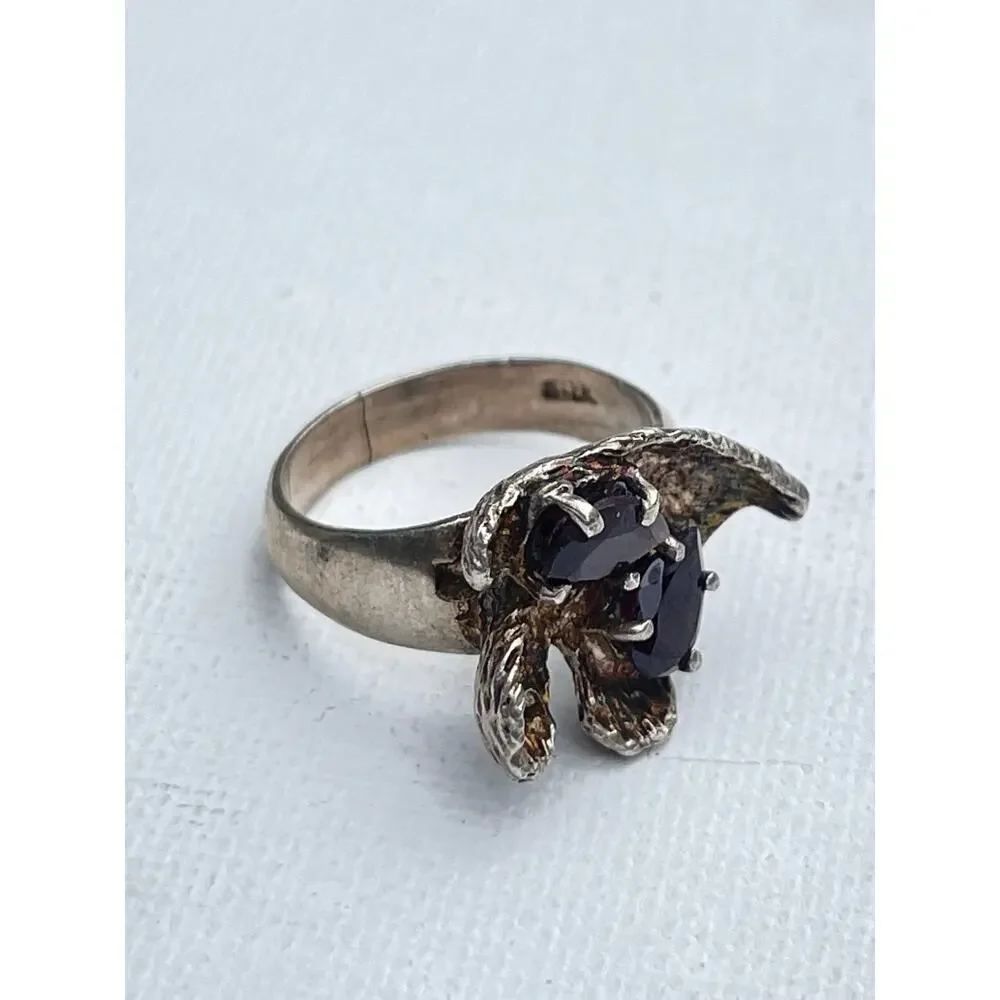 Vintage Brutalist Sterling Silver Garnet Ring - Size 6.5